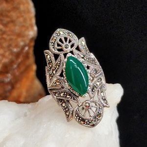 Solid Sterling Silver 925 Ring Genuine Green Chalcedony Marcasite Mineral